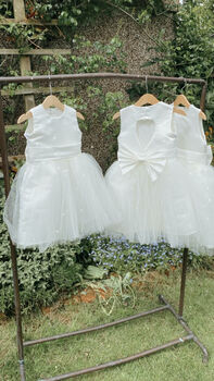 Duchess Satin Flower Girl Dress – Heart Back Tulle Gown Handmade In UK, 7 of 11