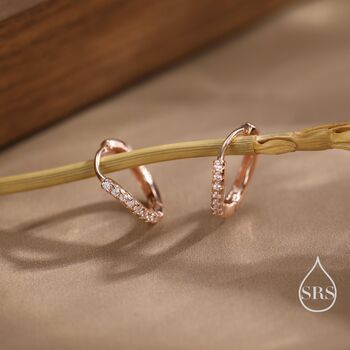 Sterling Silver Irregular Shaped Minimalist Cz Crystal Huggie Hoop Earrings, 7 of 11