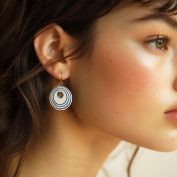 Cream And Blue Stripey Circular Earrings, 2 of 6