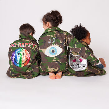 Sequin Smiley Face Personalised Kids Camo Jacket, 2 of 7