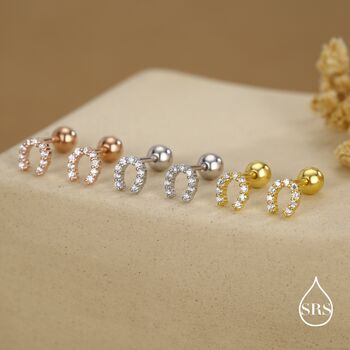 Sterling Silver Cz Horseshoe 18 G Screw Back Stud Earrings With Ball Backs, 4 of 11