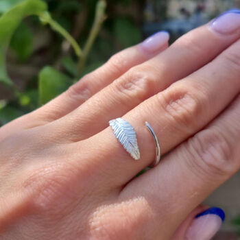 Sterling Silver Feather Leaf Adjustable Stacking Finger Or Thumb Ring, 3 of 10