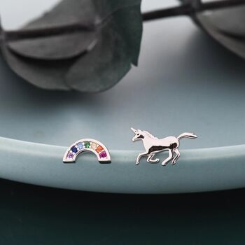 Mismatched Unicorn And Rainbow Stud Earrings In Sterling Silver, 6 of 12
