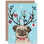 Pug Ornaments Antlers Cute Dog Christmas Card, thumbnail 1 of 4