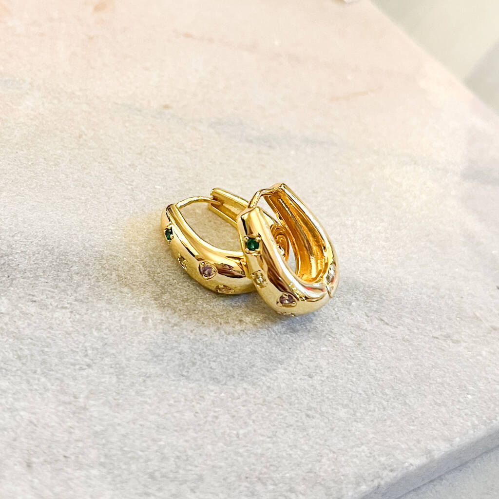 Chunky Gold Huggie Hoops With Multi Coloured Cz Stones, 1 of 1