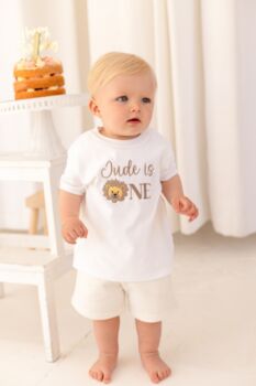 Lion Embroidered Personalised First Birthday One T Shirt, 5 of 8