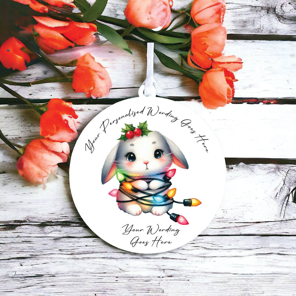 Personalised Rabbit In Christmas Lights Hanging Bauble Decoration A