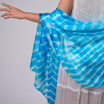 100% Mulberry Silk Scarf, Turquoise Blue Marbling In Gift Box, 8 of 10