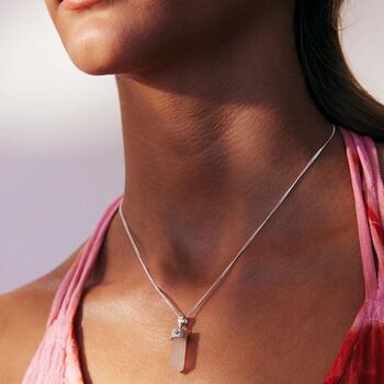 Open Heart Rose Quartz Crystal Silver Pendant Necklace, 2 of 9