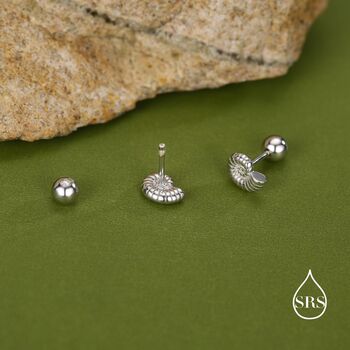 Sterling Silver Ammonite Nautilus Shell 18 G Screw Back Stud Earrings With Ball Backs, 3 of 11