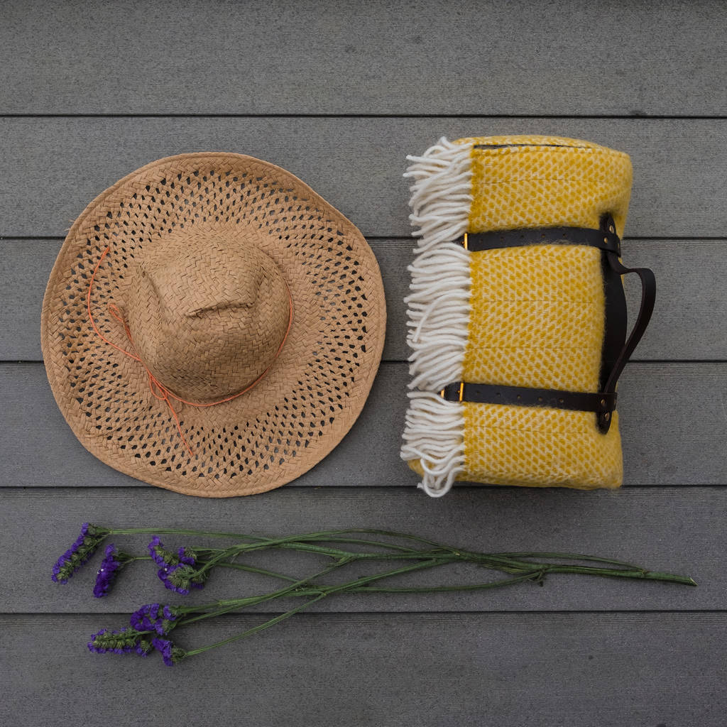 wool picnic blanket leather straps/waterproof backing by atlantic