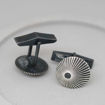 Sterling Silver And Black Cufflinks With Sunburst Motif, 8 of 12