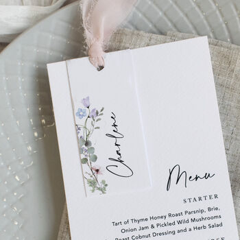 Periwinkle Wedding Menu Cards With Guest Name Tags And Ribbon, 2 of 7