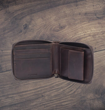 Men's Brown Leather Wallet Zip Around Rugged Leather Rfid Protected, 7 of 7