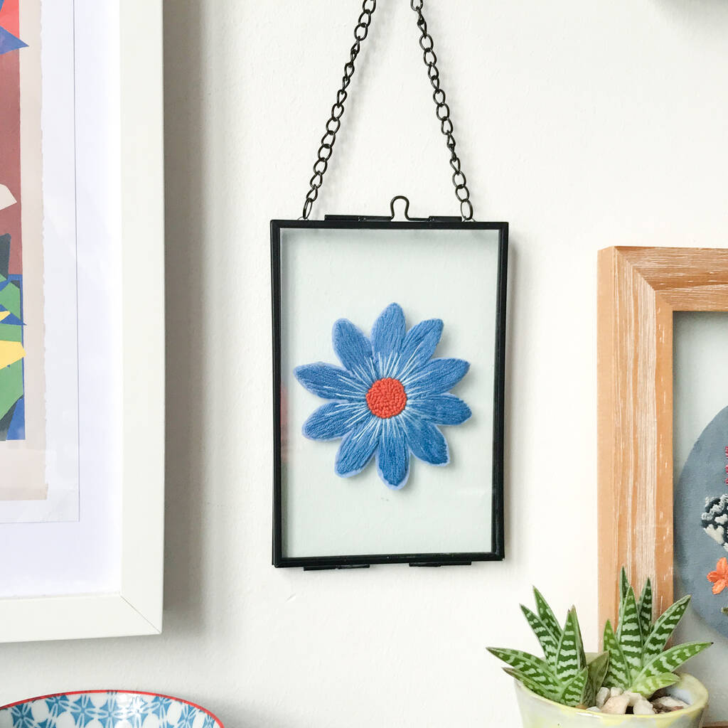 Flower Power Blue Daisy Embroidery Framed Artwork, 1 of 6