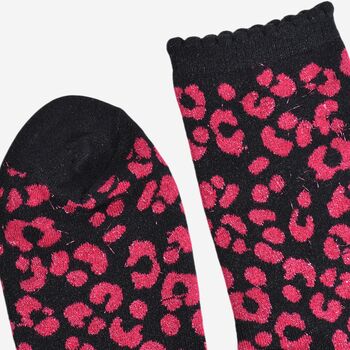 Women's Glitter Socks Pink Black Leopard Print, 4 of 5