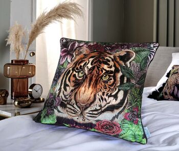 Totem Tiger And Tropical Flowers Luxury Velvet Square Cushion, 2 of 7