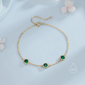 Sterling Silver Extra Tiny Emerald Green Cz Trio Bracelet, 2 of 10