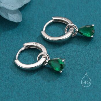 Sterling Silver Emerald Green Cz Droplet Hoop Earrings, 3 of 12