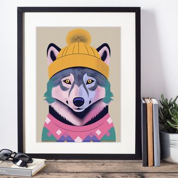 Cosy Winter Wolf Portrait Illustration Art Print, 3 of 3