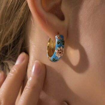 Blue Painted Cloisonné Flower Hoop Earrings, 2 of 3