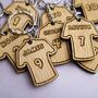 Personalised Football Shirt Keyring With Engraved Names And Numbers — Perfect For Kids' Party Favours, Team Gifts Or Stocking Fillers, thumbnail 2 of 7
