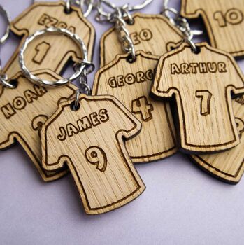 Personalised Football Shirt Keyring With Engraved Names And Numbers — Perfect For Kids' Party Favours, Team Gifts Or Stocking Fillers, 2 of 7