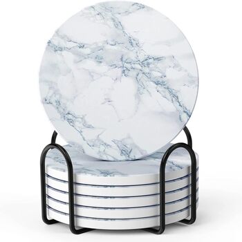 Set Of Six White Marble Style Coasters With Holder, 3 of 4
