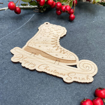 Personalised Wooden Ice Skate Christmas Tree Hanging Decoration, 2 of 3