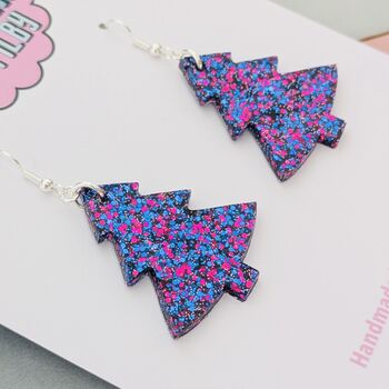 Large Purple Glitter Christmas Tree Earrings, 2 of 4