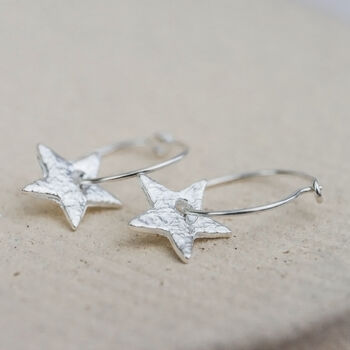 Sterling Silver Textured Star Charm Hoops, 3 of 9