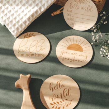 Wooden Baby Announcement Hello World Engraved Sign, 6 of 9