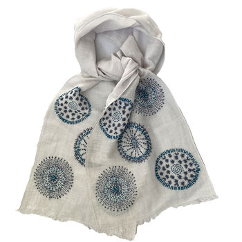 Hand Embroidered 100% Linen Scarf In Light Grey And Blue, 3 of 7