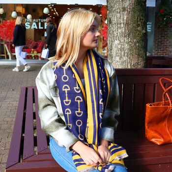 Equestrian Snaffle Bit Print Scarf | Navy Blue And Yellow, 4 of 6