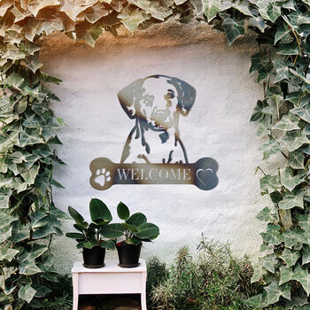 Customisable Dalmatian Welcome Metal Wall Art Sign For Home And Garden Decor, 9 of 11