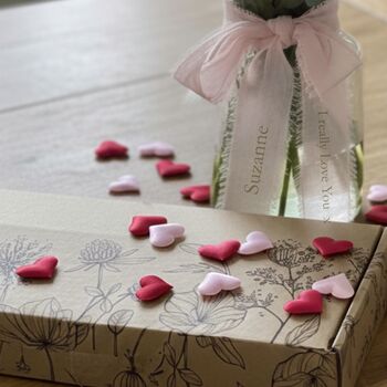 Couple Letterbox Flower Gift, With Ribbon, Watercolour Print Tag And Heart Sprinkles, 4 of 5