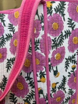 Block Print Quilted Tote Bag, Indian Print Handbag Pink, Black, 2 of 10