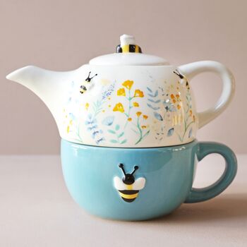 Cornflower Blue Floral Bee Ceramic Teapot And Mug Set, 3 of 9