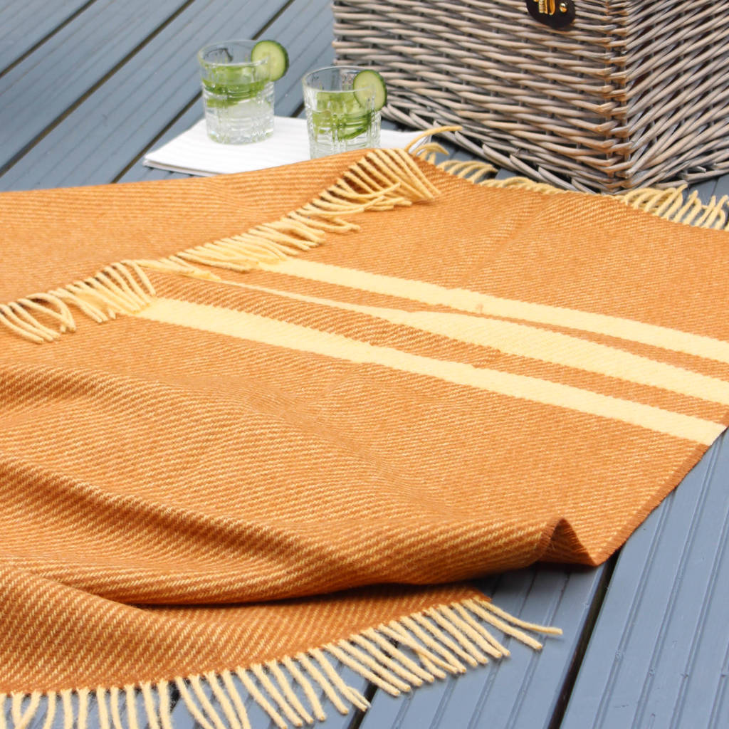 mustard stripe wool picnic blanket leather straps by marquis & dawe
