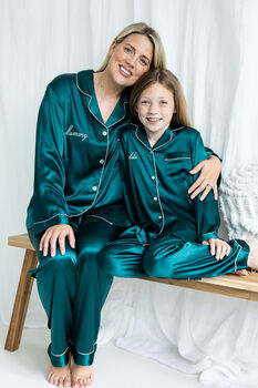 Personalised Mum And Daughter Matching Emerald Silky Pj, 2 of 9