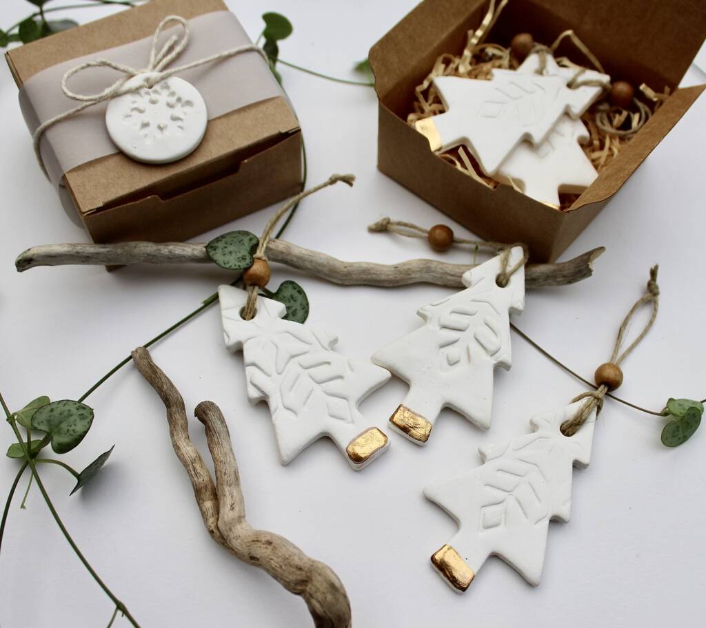 White And Gold Hanging Pine Trees By Little Brick House Ceramics