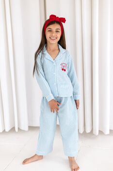 Blue Gingham Embroidered Personalised Cherry Pyjamas, 2 of 6