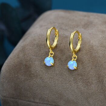 Sterling Silver Blue Opal Dot Huggie Hoop Earrings, 3 of 10