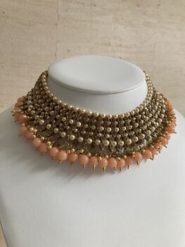 Indian Gold Plated Peach Pearl Choker Set, 4 of 7