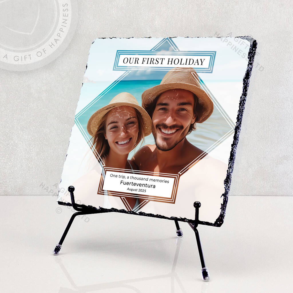 Our First Holiday Personalised Rock Photo Slate Dating Gift, 1 of 6