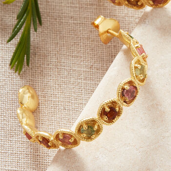 Watermelon Tourmaline Textured Gold Vermeil Hoops, 8 of 10