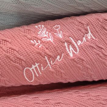 Personalised Cable Knit Pom Pom Baby Blanket, 2 of 7