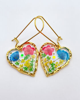 Real Blue Red Yellow Flowers Heart Drop Earrings Hand Made, 3 of 8