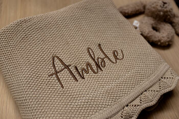 Personalised Knitted Baby Blanket In Caramel, 4 of 4