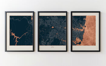 Personalised Triptych Map Prints With Metallic Leaf, 3 of 4